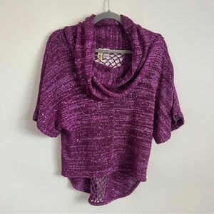 BKE Y2K Shimmer Knit Cowl Neck Top Fishnet Detail Purple Size Small